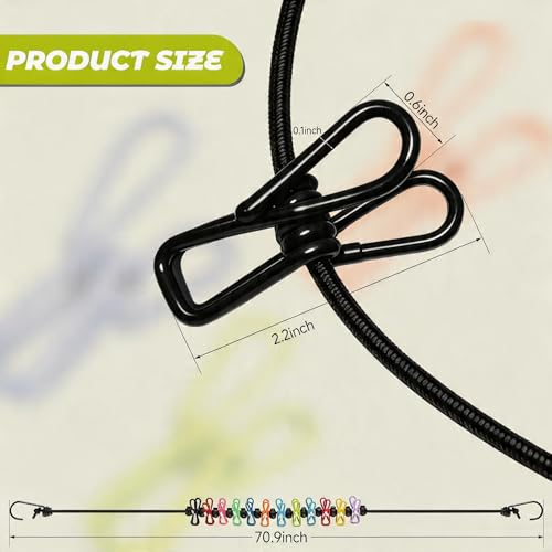 Portable Adjustable Clothesline with Built‑in 12 Solid‑Color Clothespins & 20 Separate Colorful Clips, Laundry Line for Indoor Outdoor Travel Camping Hotel Use (Black) - color: Black & 20 Colorful Clips (Non‑windproof)