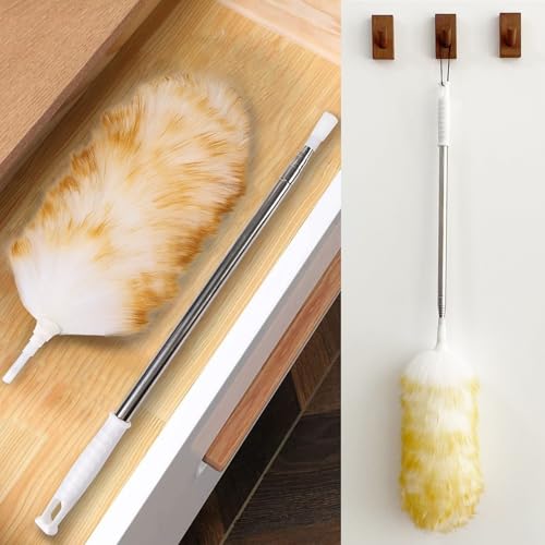 Lambswool Extendable Duster 29-110 Inch, Anti-Static Flexible Head, Stainless Steel Pole for High Ceilings, Fans, Interior & Roof Dusting. - size: 29 - 110 Inch
