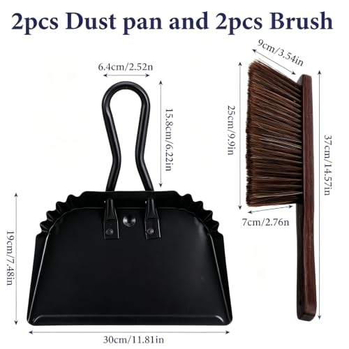 4Pcs Dust Pan and Brush Set, Heavy Duty Metal Dustpan with Wood Broom, Large 12In Black Iron Dust Pans, Handheld Broom for Pet Hair, Car, Patio, Office, Home Cleaning - Rubber Coated Handle