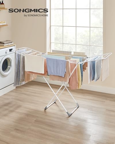 SONGMICS Clothes Drying Rack, Foldable, Heavy Duty, 4 Gullwings - color: White, style: 4 Gullwings(31.7"D)