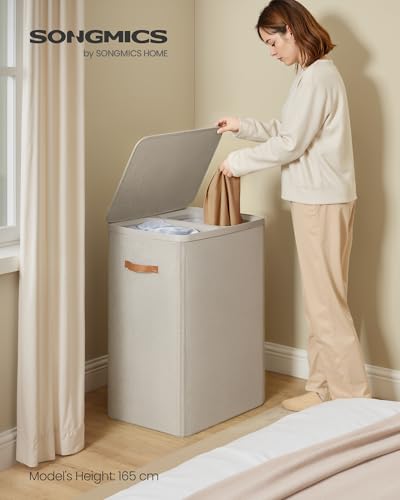SONGMICS Laundry Basket, 170L Laundry Hamper with Lid, 2 Removable Bags - color: Cappuccino Beige, size: 170 L (2-Section)