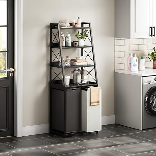Herture Laundry Basket, 2 Section Laundry Hamper with 4 Tiers Shelf, Pull-Out and Removable Laundry Bags, Large 2 x 15.87 Gallons, for Bedroom Bathroom Black PF11XLK - color: Black + 2-Color, size: 2 Bags-120 L