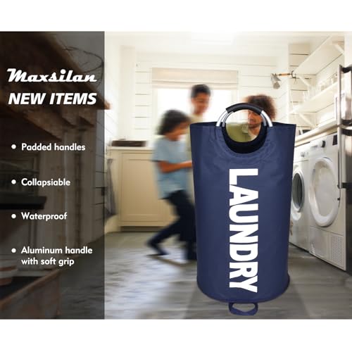 Maxsilan 90L Large Laundry Basket Bag, Collapsible Tall Hamper, Dark Blue - color: Dark Blue, size: 90L