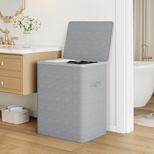 Double Laundry Hamper with Lid, 150L Large Laundry Basket 2 Compartments - color: Grey