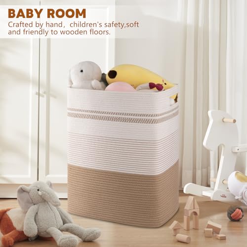 80L Large Cotton Rope Laundry Basket for Bedroom & Laundry Room, Tall Clothes Hamper with Sturdy Handles, Neutral Storage Bin Capable of Holding Blankets and Toys (Pack of 2) - color: Jute & White, size: 80L (Pack of 2)