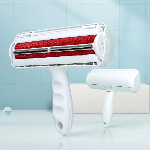 EcoPet's Pet Hair Remover – Reusable Lint Roller for Cat & Dog Fur on Furniture, Clothes, Couch, Carpet, Car, Rugs & Bedding – Portable Hair Removal Tool, Eco-Friendly, Upgraded Handle (White & Red)