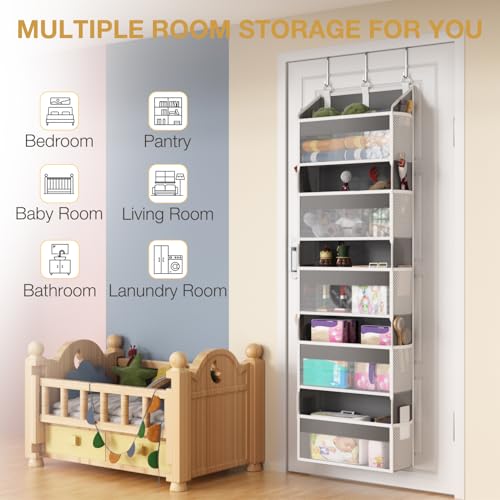 Over the Door Organizer with 5 Front & 10 MeshSide Pockets,Heavy Duty Hanging Storage Organizer 50LB Capacity Nursery & Bathroom Multi-Room Space-Saving Design with 3 Hook for Kitchen, Pantry,Grey - color: Grey