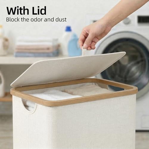efluky Slim Laundry Basket with Lid, Narrow Laundry Hamper with Removable Bag, Skinny Dirty Clothes Basket with Bamboo Handles for Bathroom, Bedroom & Laundry Room, 65L Beige - color: Beige, size: 65L