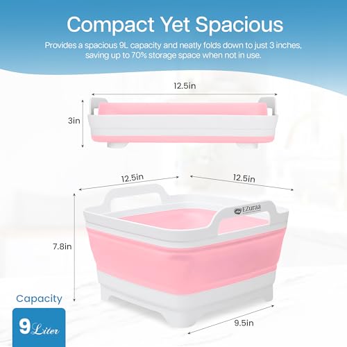 EZuraa 2.4 gal(9L) Pink Collapsible Dish Basin, Portable Sink or Dish Pan for Kitchen Sink with Drain Plug/Strainer, Space Saving Baby Bottle Wash Basin Collapsible Bucket, Beverage Tub for Camping - color: Pink