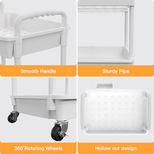 5 Tier Rolling Utility Cart with Handle,REBECAT Utility Cart Made of Multifunctional Storage Organizer Tool for Kitchen,Bathroom,Living Room,Office(White) - color: White