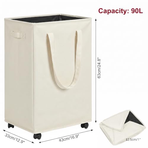 efluky Slim Laundry Hamper with Wheels, Rolling Laundry Basket for Clothes, Small Laundry Basket for Bedroom, Dorm and Laundry Room, 90L (19.8 Gallons) Beige - color: Beige, size: 90L