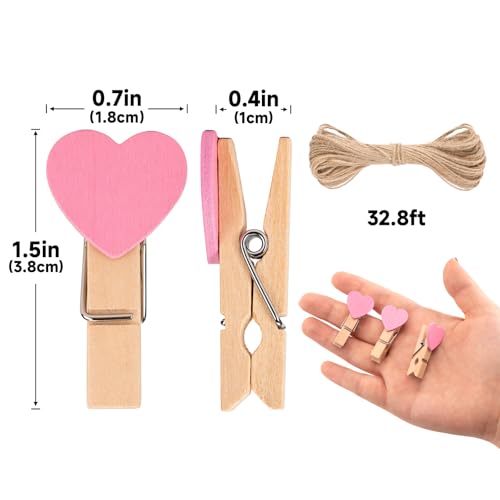 jijAcraft Clothespins with String - 50Pcs Mini Wood Clothes Pins with Heart - color: Pink