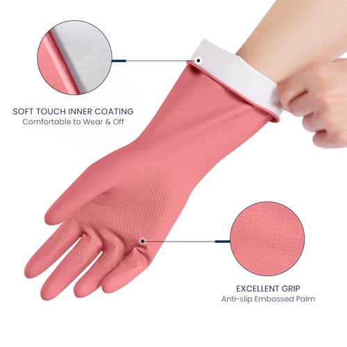 Rubber Cleaning Gloves for Dishwashing, 4 Pairs Reusable Kitchen Gloves for Washing Dishes and Household Cleaning, Pink Dish Gloves with Flocked Lining and Non-Slip Grip, Pefect for Woman Men - M - color: Pink, size: Medium