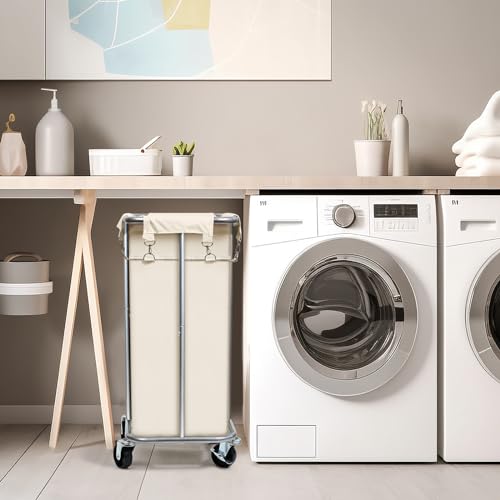 100L Rolling Laundry Hamper Basket with Wheels for Bedroom, Beige - color: Cream