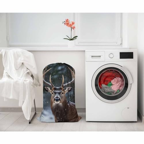 Swono Noble Deer Laundry Bags for Travel, College, Camping and Gym Winter Snow Jungle Animal Portrait Antler Horn 28" x 40", Polyester - color: Noble Deer