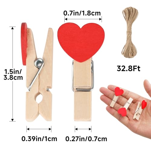 jijAcraft Clothespins with String - 50Pcs Mini Wooden Clothes Pins with Heart, Red Heart Clips, 1.4Inch Small Photo Craft Clip for Baby Shower, Wedding, Birthday - color: Red