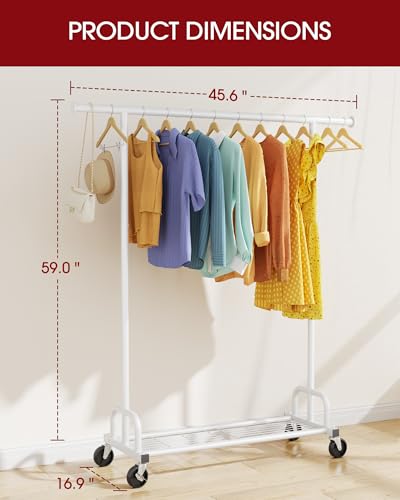 Sakugi Clothes Rack - Large-Capacity Clothing Racks for Hanging Clothes with Lockable Wheels, Space-Saving Metal Coat Rack for Bedroom, Laundry Room, Entryway, 45.6" x 16.9" x 59", White - color: White, size: 45.6" x 16.9" x 59"(1 Rod)