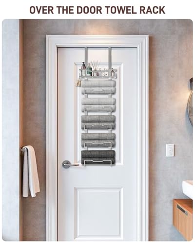 Aetyord Hanging Towel Racks for Bathroom No Drill - Over The Door 6-Tier Bath Towel Storage Organizer for Small Bathrooms-Back Door Large Tiered Towel Holder Hanger for Rolled Towels RV Camper Silver - color: Silver, size: 6 tier