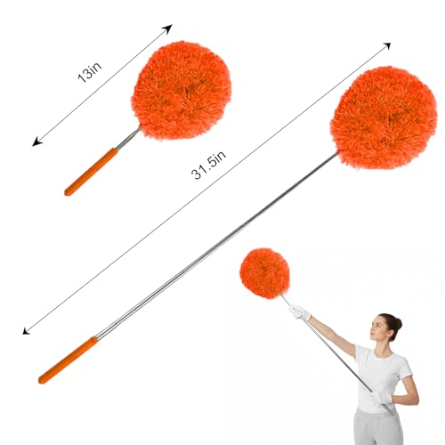 Extendable Feather Duster Telescopic Dust Remover for Home Office Car Furniture High Ceiling Cleaning Multi Purpose Tool(Orange,Round Head) - color: Orange, size: 12.6 in