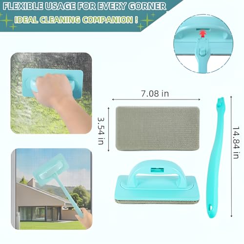 Window Cleaner Kit for Screen & Groove - Mesh Screen Cleaning Brush + 3 Magic Window Track Cleaning Brushes & 6 Replaceable Cleaning Cloths – 14.8″ Detachable Long Handle, Wet & Dry Dual Use