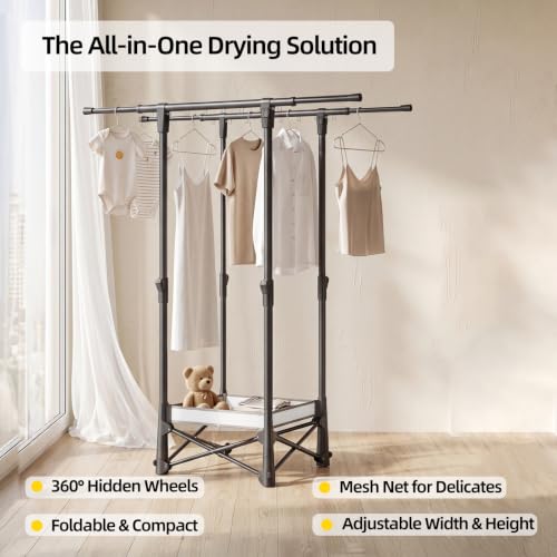 BIREN Clothes Drying Rack Foldable with Drying Net Portable Clothes Rack with Windproof Rings & Hidden Wheels Collapsible Laundry Drying Rack Heavy Duty Clothing Racks for Indoor Outdoor Use, Black - size: Large