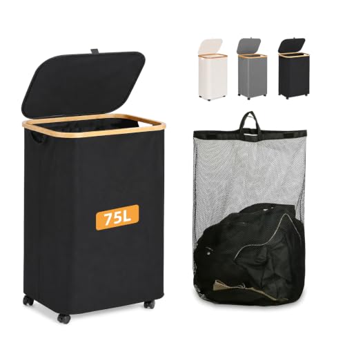 Slim Laundry Hamper with Wheels 75L with Removable Wash Bag Black - color: Black