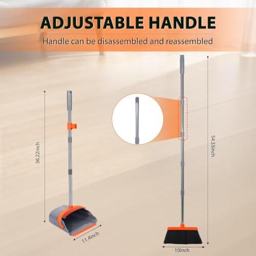 YZO Broom with Dustpan Combo Set, 56.1-Inch Long Handle Standing Design, Dustpan Front Rubber Tight Seal, Broom with 5-Layer Bristles, Suitable for Indoor Outdoor(Gray&Orange) - color: Gray&orange