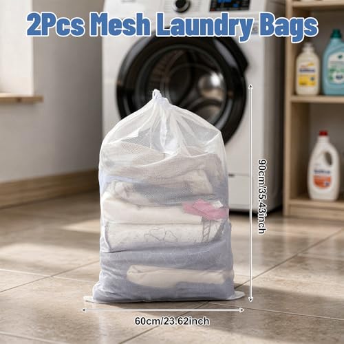 2Pcs Large Mesh Laundry Bag, Heavy Duty Mesh Travel Washings Bag Laundry Washing Bags Washing Machine Drawstring Wash Bags for Delicates Clothes College Dorm Family 36x24 Inch White
