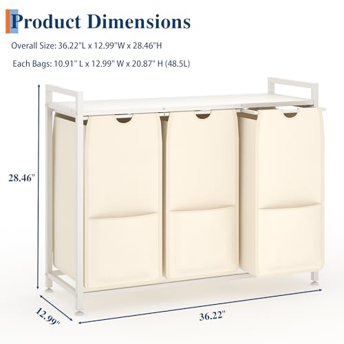 Garvee Laundry Basket Organizer, Laundry Hamper with Shelf & 3 Pull-Out Removable Oxford Fabric Bags, 3 x 12.8 Gal (48.5L), Dirty Clothes Basket Organizer for Laundryroom, Bathroom, Bedroom