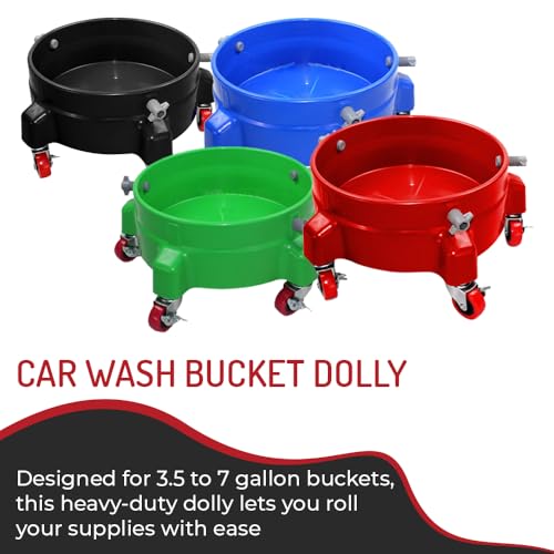 Heavy Duty Car Wash Bucket Dolly with 360° Swivel Casters | Fits 3.5–7 Gallon Buckets | 300 lb Capacity | Soap Holder | Rolling Pail Stand for Auto Detailing |Red - color: Red