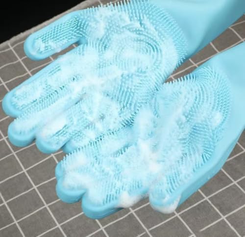 Silicone Dishwashing Scrubber Gloves, Reusable Cleaning Gloves with Built-In Scrubbing Bristles - color: Blue