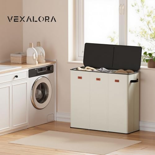 185L Laundry Hamper 3 Section, Laundry Hamper with Lid, Dirty Clothes Hamper with 3 Removable Washing Bags, Extra Large Laundry Basket Organizer for Bedroom, Laundry Room, Dorm - Beige - color: Beige, size: 48.86 Gal - 3 Section