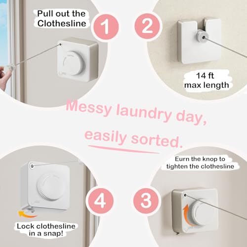 JXKNKSR-Telescopic Clothesline Indoor and Outdoor, Heavy-Duty Laundry Line, Wall Mounted, Safety Lock System (White+10Clothes Pins)