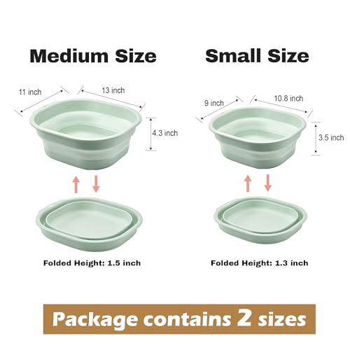 Collapsible Wash Basin Set of 2, Foldable Small Medium Size Wash Basin, Portable Plastic Basins for Laundry, Bottles, Travel, Camping (Green) - color: Green