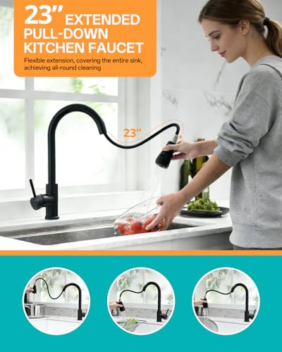 Kicimpro Kitchen Faucet with Pull Down sparyer,Leak Proof, Matte Black - color: Matte Black, size: 15.2 Inches