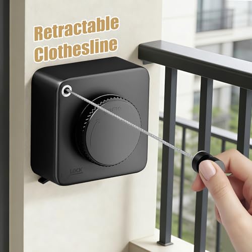 Retractable Clothesline Indoor Outdoor, 15.1 Ft Non-Sagging Heavy Duty Clothes Drying Line Stainless Steel Retractable Clothes Line Wall Mounted Indoor/Outdoor Laundry Line (Square-Black)