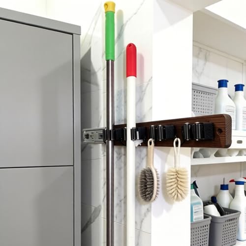 Right Pull Out Mop and Broom Holder, Rustic Wood Broom Hanger with 4 Slots and 4 Hooks for Home Décor, Kitchen, Laundry Room and Closet, Broom and Mop Organizer Wall Mount for Garage Organize