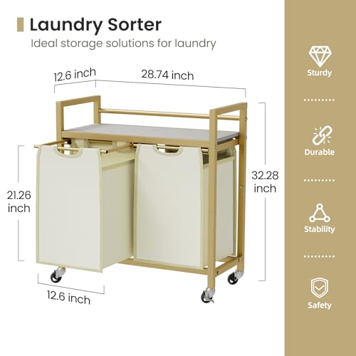 SwaaVee Laundry Sorter, Laundry Hamper with Wooden Top Shelf, 2×14.5Gal(110L), Metal Frame laundry basket with wheels, Pull out and Removable Laundry Bags, 2 Bags-Golden - color: Gold