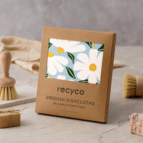 RECYCO Swedish Dishcloths for Kitchen | 5 Pack Daisy Dreams Washable Dish Rags | Cellulose Reusable Cleaning Paper Towels | Absorbent Counter Dish Cloth Sponge Kitchen Wipes, 8" L x 7" W - color: Daisy Dreams - 5 Pack