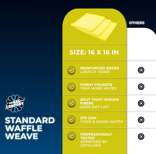The Rag Company - Standard Waffle Weave Microfiber Towels (3-Pack) Detailing, Window, Glass and Drying, Wax & Polish, Lint-Free, Streak-Free, 370gsm, 16in x 16in, Yellow - color: Yellow, size: 16in x 16in