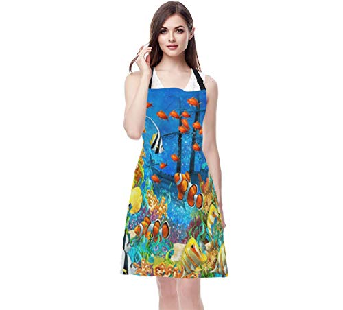EKOBLA Fish Aprons Painting Undersea Coral Reef Bubbles Colorful Dive Exploration Ocean Waterproof Resistant Chef Cooking Kitchen BBQ Adjustable Aprons for Women Men 27x31 Inch - color: Multi-a04