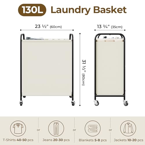 GRANNY SAYS 2 Section Laundry Sorter, 130L Large Hamper Basket with Wheels - color: Beige, size: 130L