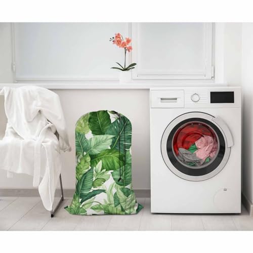 Swono Green Leaf Drawstring Portable Large Capacity Laundry Bags Watercolor Seamless Exotic Tropical Leaves Plants Travel Storage Bags for, Apartments, Home, Oxford Cloth - color: Green Leaf