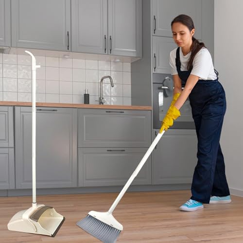 Broom and Dustpan Set for Clean - Broom with Dustpan Combo Set, 61" Dustpans Long Handle, Dust Pan with Handle, Kitchen Dust Pan and Brush for Indoor Outdoor Room Office Use. - color: Rice White