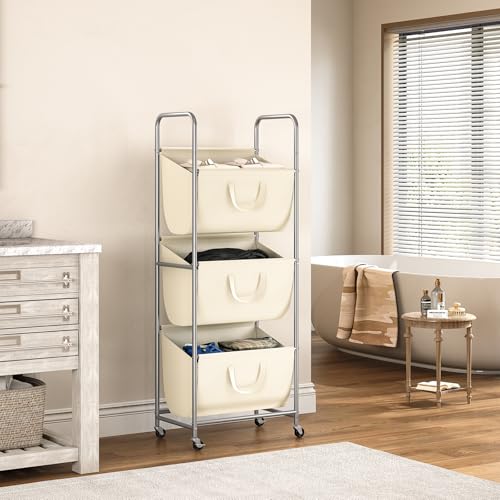 ELYKEN 3-Tier Vertical Rolling Laundry Hamper with Wheels & Removable Bags - color: Creamy