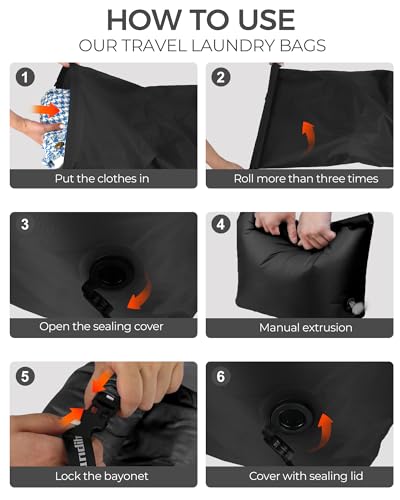 Travel Laundry Bag, Pump-Free Vacuum Compression Dirty Clothes Bag, Reusable Waterproof & Washable Laundry Bag, Wet and Dry Bag, Ideal for Suitcases, Road Trip Essentials (2 Pcs, M+M) Black - color: Black, size: 17.5" L × 13.5" W × 5" H (2PS)