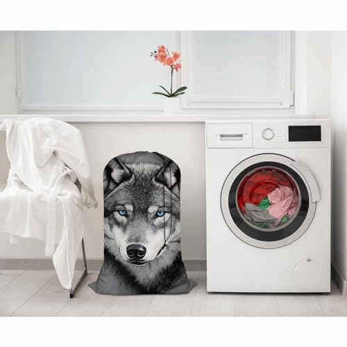 Swono Wolf Portrait Laundry Bag with Drawstring Straps, Heavy Duty Extra Large Laundry Bags for Laundromat, Household, Wildlife Cool Mammal Hunter Washable Travel Dirty Clothes Bag Hamper Liner, Grey - color: Wolf Portrait