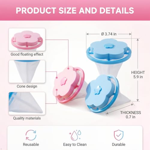 Floating Lint Catcher for Washing Machine, 4Pack Reusable Pet Hair Remover, Dog Cat Fur Catcher, Blue and Pink, Cone Design - color: Blue and Pink