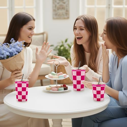 Iced Coffee Sleeve Reusable Neoprene Cup Sleeves, Pink Checkered - color: Pink Checkered