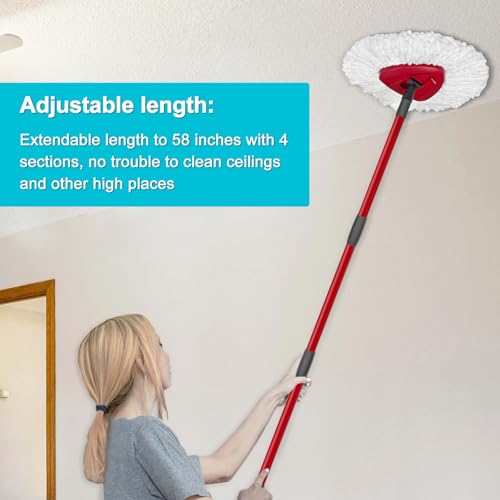 Spin Mop Replace Head, Base, Mop Handle Replacement for OCedar EasyWring 1 Tank System, Include 2 Microfiber Mop Head Replacement, 1 Sturdy Iron 30-58" Mop Handle, 1 Scrubber Head, 1 Spin Base - color: White (1-tank) - 2 Heads, 1 Mop Handle, 1 Base, 1 Bru